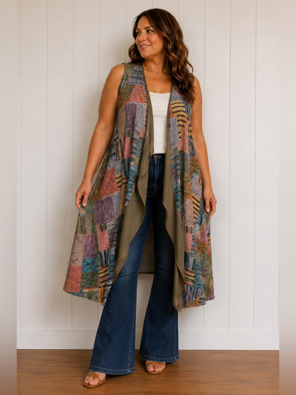 Lagenlook Tencel Duster Colorful Patchwork Artsy Boho Open Front Vest XL XXL
